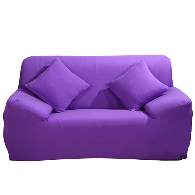 JIAN YA NA Stretch Loveseat Covers Polyester Spandex Fabric Slipcover 1pcsFurniture Protector Slipcovers + 1pcs Pillow Covers for 2 Seater Cover Couch (Light Purple)