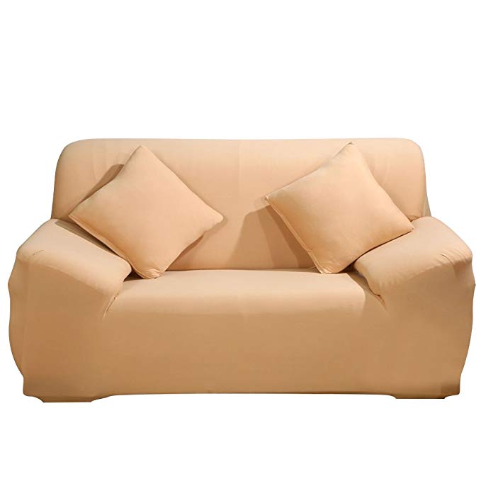 JIAN YA NA Stretch Loveseat Covers Polyester Spandex Fabric Slipcover 1pcsFurniture Protector Slipcovers + 1pcs Pillow Covers for 2 Seater Cover Couch (Camel)