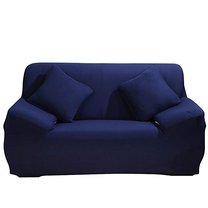 JIAN YA NA Stretch Loveseat Covers Polyester Spandex Fabric Slipcover 1pcsFurniture Protector Slipcovers + 1pcs Pillow Covers for 2 Seater Cover Couch (Dark Blue)