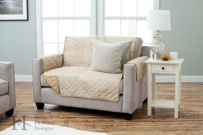 Home Fashion Designs Deluxe Reversible Quilted Furniture Protector. Beautiful Print on One Side/Solid Color on the Other for Two Fresh Looks. Luxe Collection By Brand. (Loveseat, Gold)