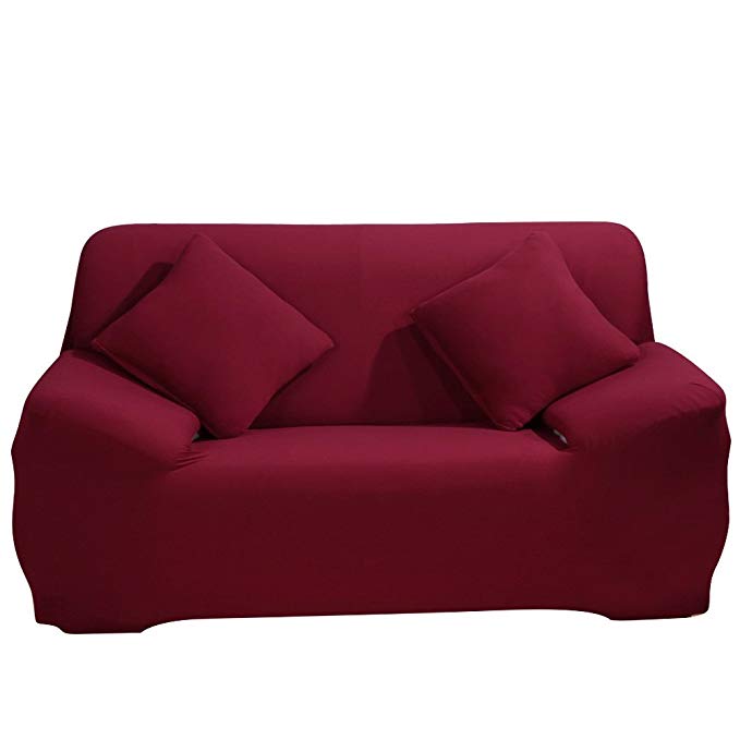 JIAN YA NA Stretch Loveseat Covers Polyester Spandex Fabric Slipcover 1pcsFurniture Protector Slipcovers + 1pcs Pillow Covers for 2 Seater Cover Couch (Wine Red)