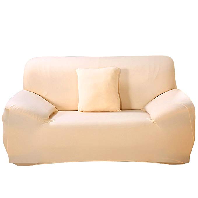 JIAN YA NA Stretch Loveseat Covers Polyester Spandex Fabric Slipcover 1pcsFurniture Protector Slipcovers + 1pcs Pillow Covers for 2 Seater Cover Couch (Beige)