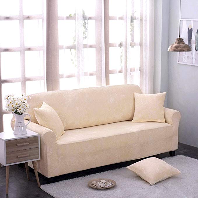 ChezMax Soft 1 Piece Couch Cover Cotton Polyester Loveseat Sofa Slipcover Embossed Furniture Throw Beige 57.1