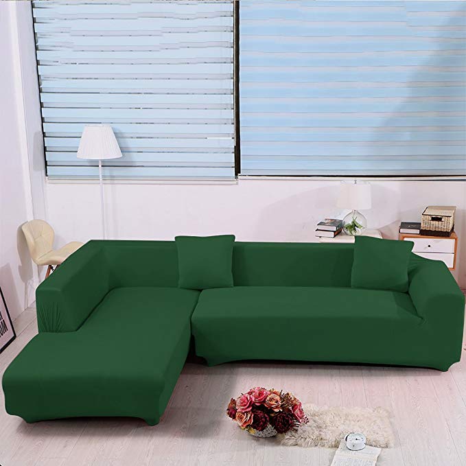 JIAN YA NA Stretch Sofa Covers Polyester Spandex Fabric Slipcover 2pcs Polyester Fabric Stretch Slipcovers + 2pcs Pillow Covers for Sectional Sofa L Shape Couch (Dark Green)