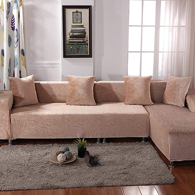 HYSENM 1/2/3 Seater Sofa Cover Jacquard Fabric Stretch Elastic Sofa Slipcover Couch Cover, Beige 3 seater 185-230cm