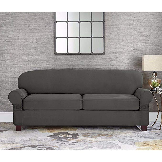 Sure Fit Designer Suede 2 Cushion Loveseat Slipcover in Gray