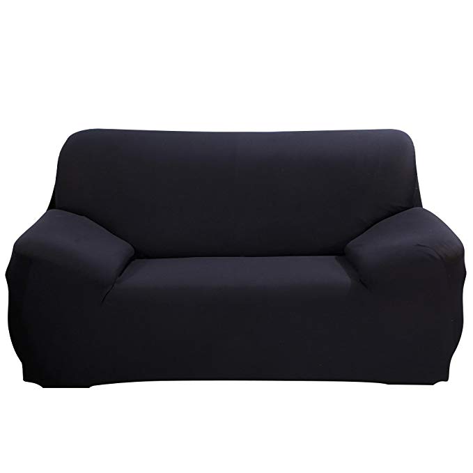 JIAN YA NA Stretch Loveseat Covers Polyester Spandex Fabric Slipcover 1pcsFurniture Protector Slipcovers + 1pcs Pillow Covers for 2 Seater Cover Couch (Black)
