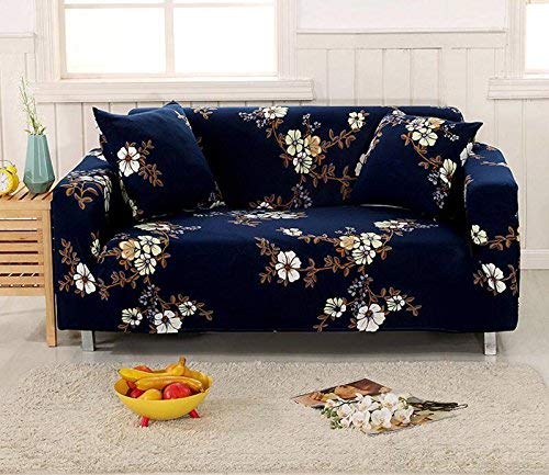 YJBear 1 PC Form Fit Vintage Dark Blue Sofa Covers Polyester Spandex Stretch Slipcover Slip Resistant Furniture Protector for Chair Loveseat Sofa Protector Shield,White Flower,57.09