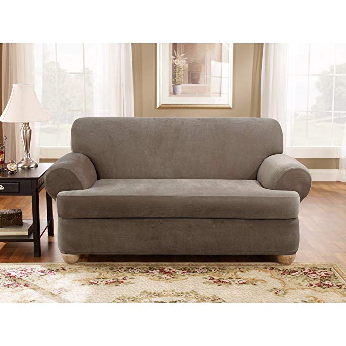 Sure Fit Stretch Pique 3-Piece - Loveseat Slipcover - Taupe (SF37942)
